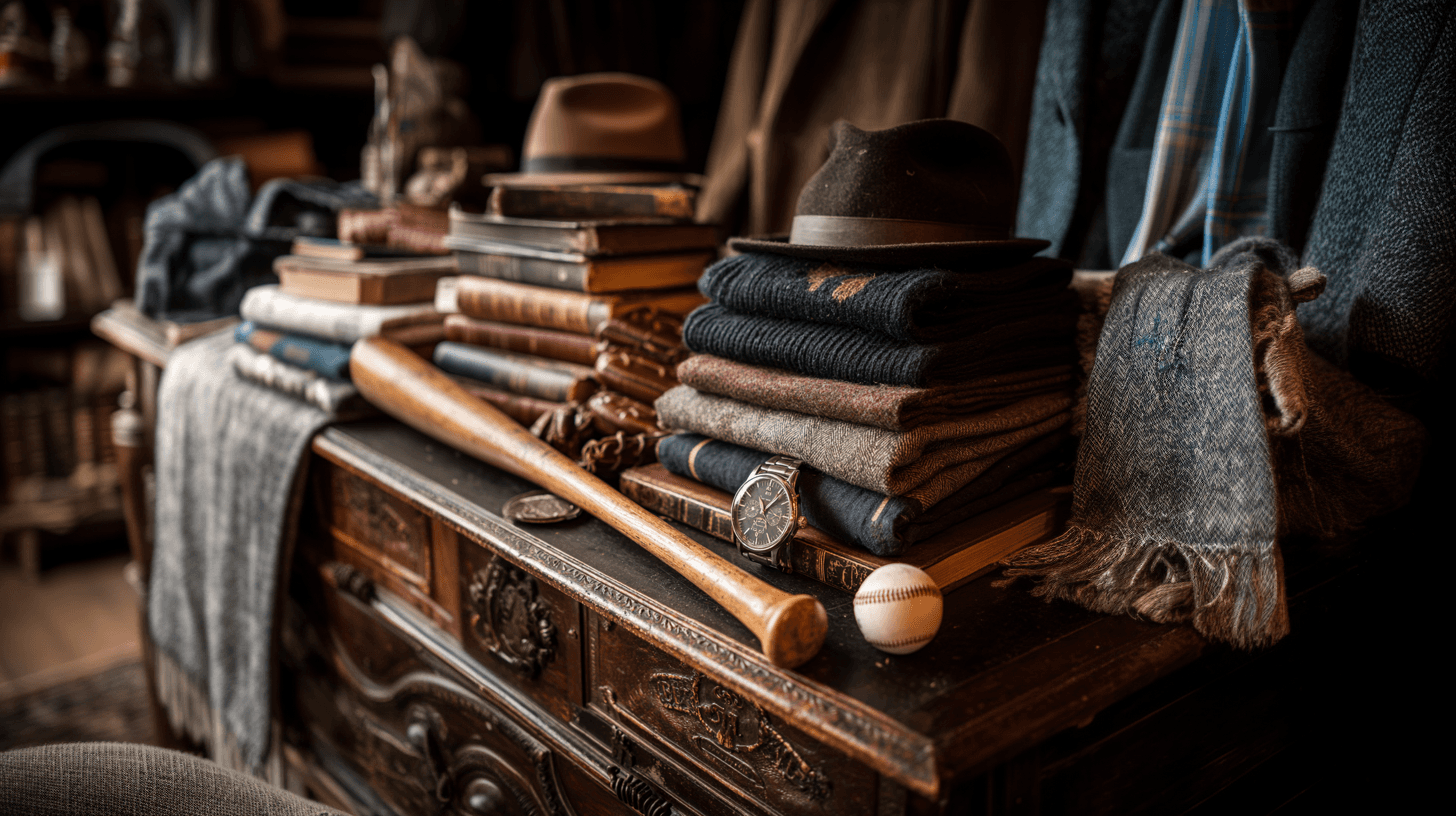 Vintage masculine lifestyle featuring whiskey bottles, baseball gear, and classic books in a sophisticated setting