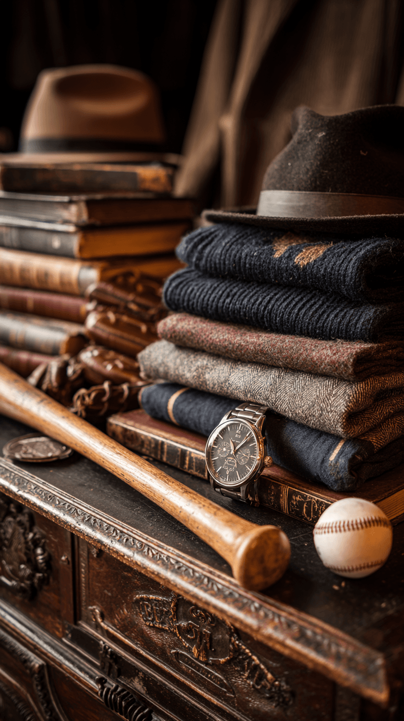 Vintage masculine lifestyle featuring whiskey bottles, baseball gear, and classic books in a sophisticated setting